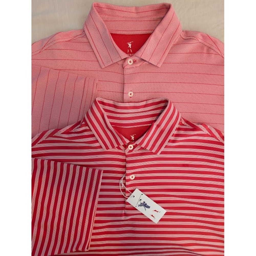 (Lot of 2) Fairway & Greene Polo Shirts Mens L Red Striped Performance Golf USA